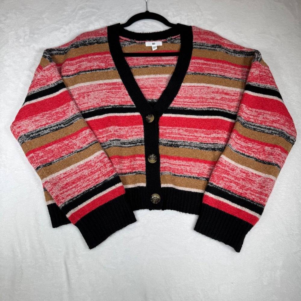 BP Striped V Neck Button Front Cropped Cardigan Sweater XL Nordstrom Red Black - Picture 2 of 8